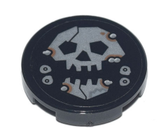 Tile, Round 2 x 2 with Bottom Stud Holder with Silver Skull with Jaw and Metal Rivets with Rust Pattern (Sticker) - Set 70840