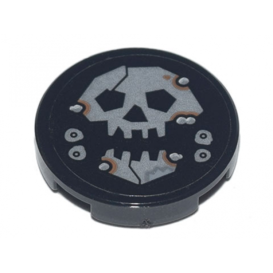 Tile, Round 2 x 2 with Bottom Stud Holder with Silver Skull with Jaw and Metal Rivets with Rust Pattern (Sticker) - Set 70840