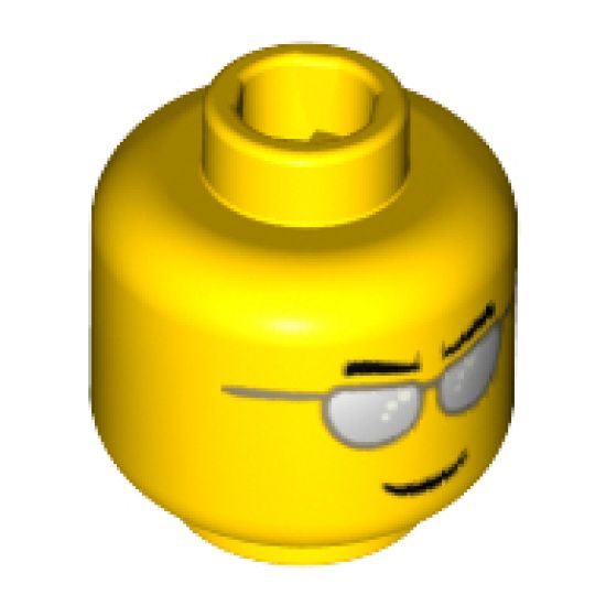 Minifigure, Head Glasses with Silver Sunglasses, Black Eyebrows Pointed, Thin Grin Pattern - Blocked Open Stud