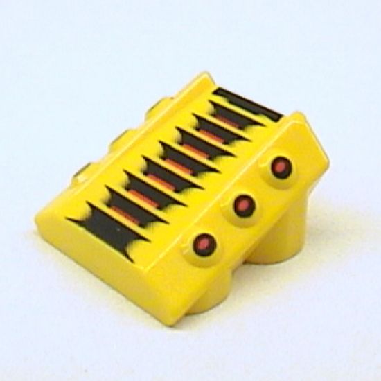 Brick, Modified 2 x 2 No Studs, Sloped with 6 Side Pistons Raised and Red and Black Lines and Red Dots Pattern