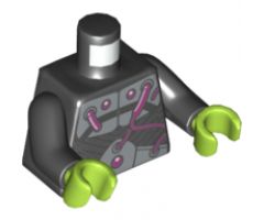 Torso Armor with Silver Metal Plates and Dark Pink Electrical Wires and Buttons Pattern / Black Arms / Lime Hands