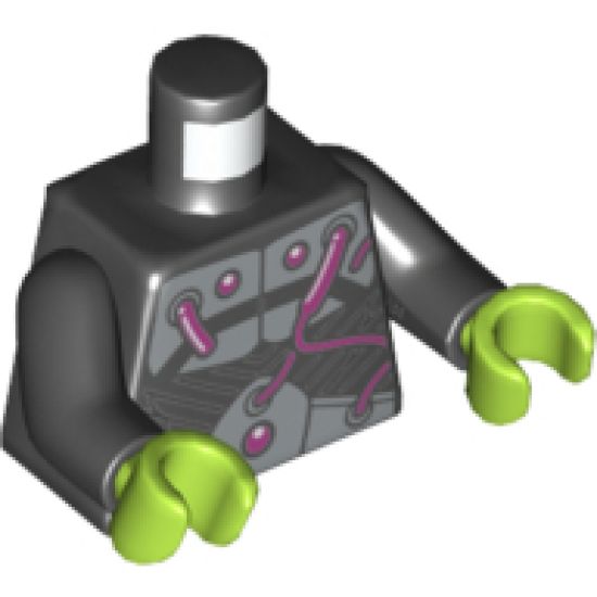 Torso Armor with Silver Metal Plates and Dark Pink Electrical Wires and Buttons Pattern / Black Arms / Lime Hands