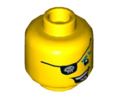 Minifigure, Head Black Eyepatch with Gold Skull, Dark Turquoise Eyebrow and Bright Pink Tongue Pattern - Hollow Stud