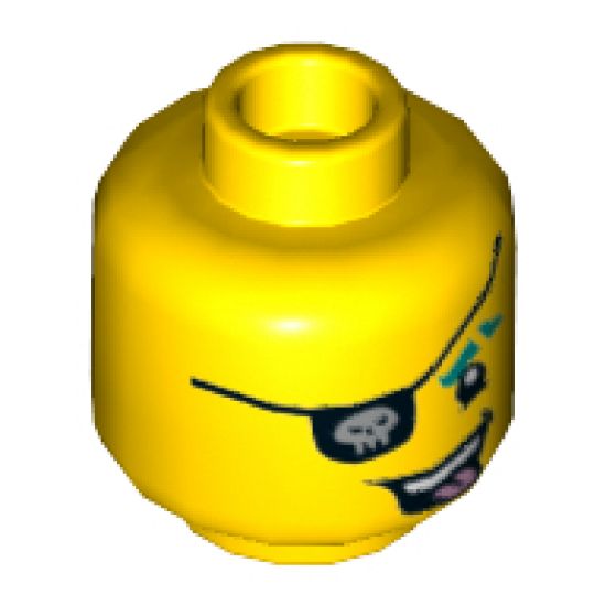 Minifigure, Head Black Eyepatch with Gold Skull, Dark Turquoise Eyebrow and Bright Pink Tongue Pattern - Hollow Stud