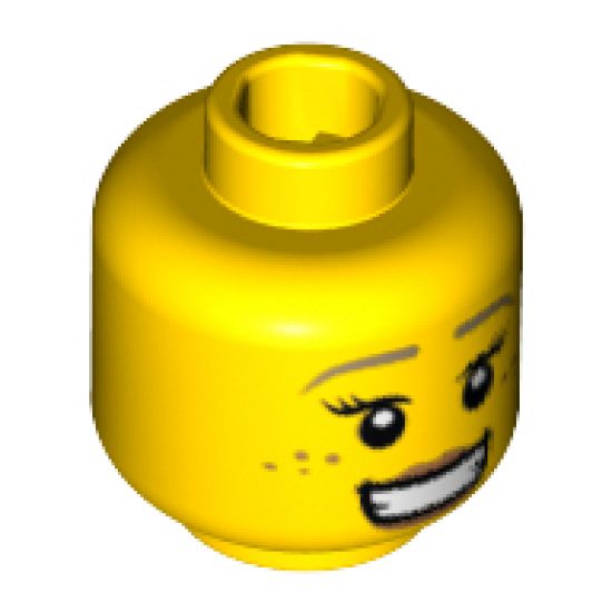 Minifigure, Head Female Dark Tan Eyebrows, Freckles, Eyeleashes, Peach Lips, Open Mouth Smile Pattern - Hollow Stud