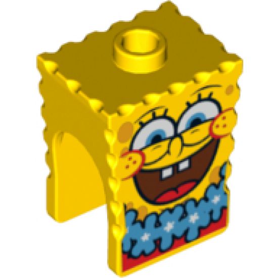 Minifigure, Head, Modified SpongeBob SquarePants with Open Smile Large and Blue Lei Pattern