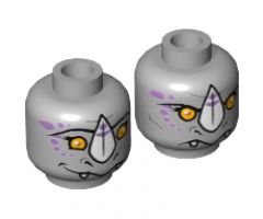 Minifigure, Head Dual Sided Alien Chima Rhinoceros with Orange Eyes, Purple Markings and White Horn, Neutral / Happy Pattern (Rinona) - Hollow Stud