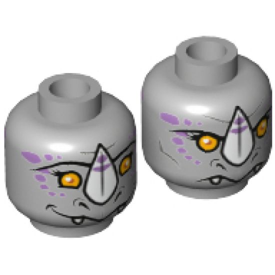 Minifigure, Head Dual Sided Alien Chima Rhinoceros with Orange Eyes, Purple Markings and White Horn, Neutral / Happy Pattern (Rinona) - Hollow Stud