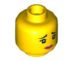 Minifigure, Head Dual Sided Female Black Raised Eyebrows, Freckles, Eyelashes, Pink Lips, Smile / Furious Pattern (Lucy) - Hollow Stud