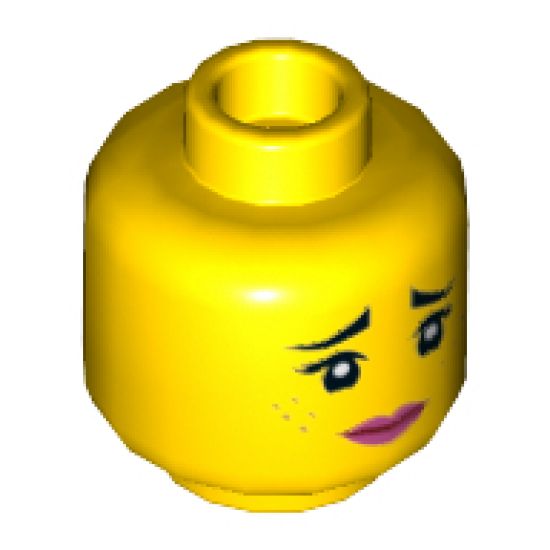 Minifigure, Head Dual Sided Female Black Raised Eyebrows, Freckles, Eyelashes, Pink Lips, Smile / Furious Pattern (Lucy) - Hollow Stud