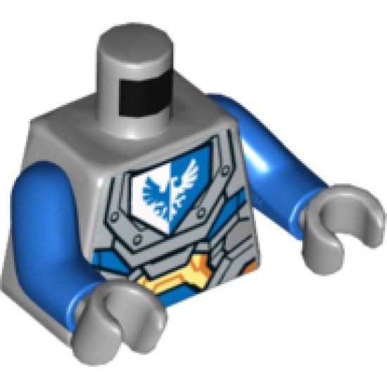 Torso Nexo Knights Armor with Orange and Gold Circuitry and Emblem with Blue Falcon Pattern / Blue Arms / Light Bluish Gray Hands