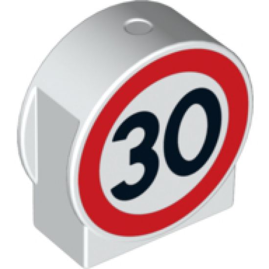 Duplo, Brick 1 x 3 x 2 Round Top, Cut Away Sides Road Sign with 30 Pattern