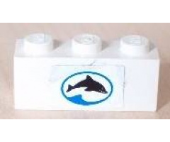 Brick 1 x 3 with Dolphin Facing Right in Blue Oval Pattern (Sticker) - Set 6558