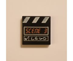 Tile 2 x 2 with 'SCENE 3' and White 'LEGO', Check Mark and Stripes Film Slate Pattern