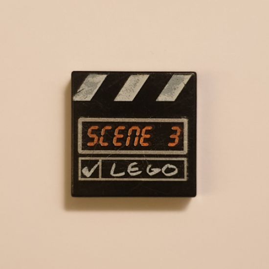 Tile 2 x 2 with 'SCENE 3' and White 'LEGO', Check Mark and Stripes Film Slate Pattern