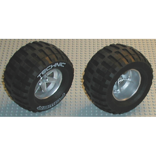 Wheel & Tire Assembly 62mm D. x 46mm Technic Racing Large, with Black Tire Technic Power Puller with 'TECHNIC POWER' White Pattern (22969 / 32298pb01)