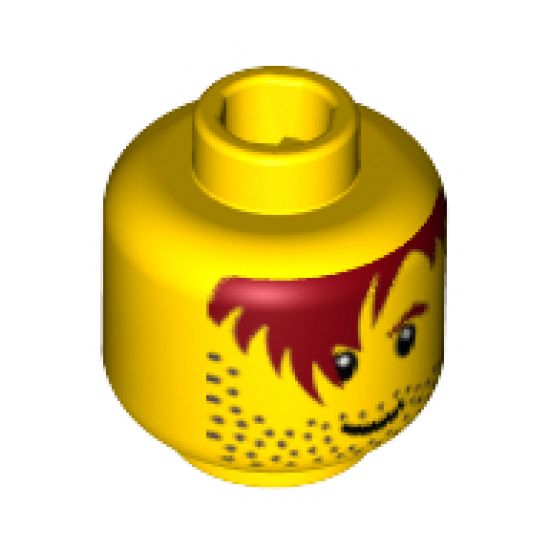 Minifigure, Head Male Red-Brown Hair over Eye, One Eyebrow, Stubble, White Pupils Pattern - Blocked Open Stud