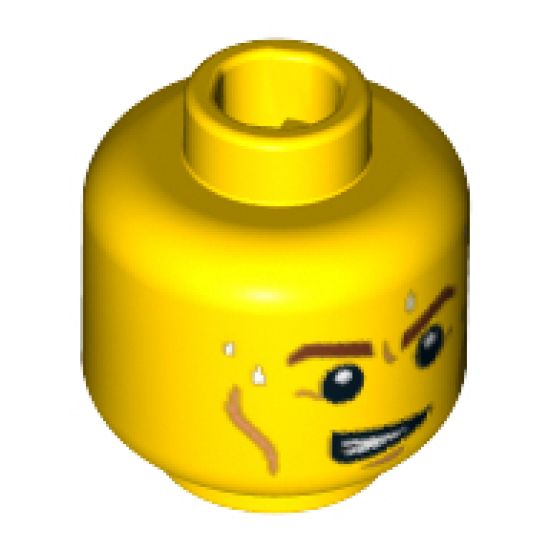 Minifigure, Head Brown Eyebrows, Cheek Lines, Open Mouth on One Side and Beads of Sweat Pattern - Blocked Open Stud