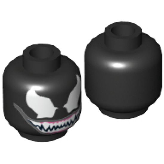 Minifigure, Head Alien with Large White Eyes and Wide Grin with Sharp White Teeth Pattern (Venom) - Hollow Stud