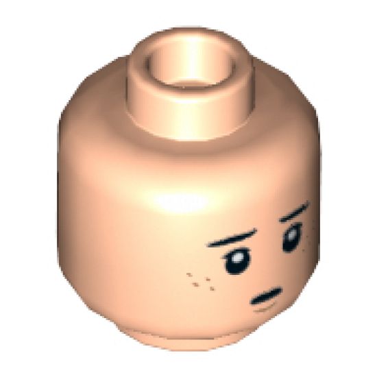 Minifigure, Head Dual Sided Dark Brown Eyebrows, Dark Orange Freckles, Worried / Angry Pattern - Hollow Stud