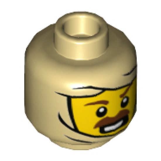 Minifigure, Head Yellow Face, Reddish Brown Thick Eyebrows, Moustache, Open Mouth with Teeth, Mummy Wrapping Pattern - Hollow Stud