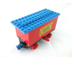 Train Battery Box Car with Two Contact Holes, Red Switch Lever, Blue and Red Magnets, Red Wheels, and Blue Roof with 'International TRANSPORT' Pattern on Both Sides (Stickers)