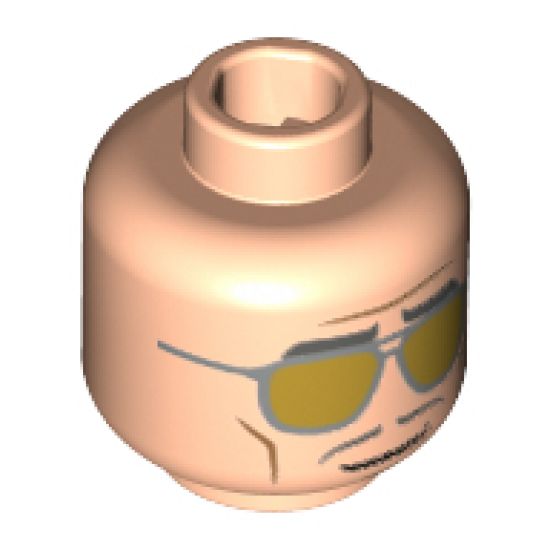 Minifigure, Head Dark Bluish Gray Eyebrows and Moustache, Silver and Gold Sunglasses Pattern - Hollow Stud