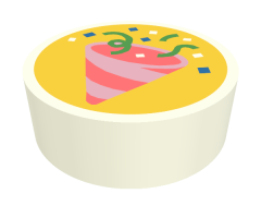 Tile, Round 1 x 1 with Coral and Bright Pink Party Hat and Bright Green and Blue Confetti on Yellow Background Pattern