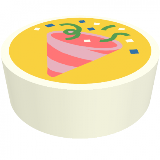 Tile, Round 1 x 1 with Coral and Bright Pink Party Hat and Bright Green and Blue Confetti on Yellow Background Pattern