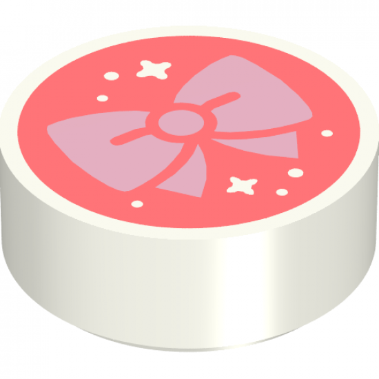 Tile, Round 1 x 1 with Bright Pink Bow and White Stars on Coral Background Pattern