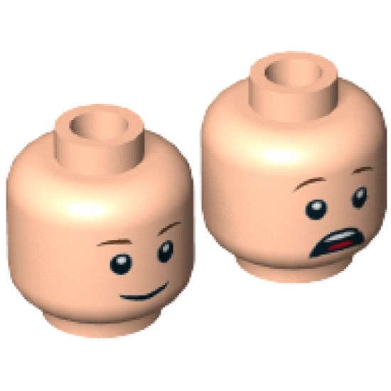 Minifigure, Head Dual Sided Brown Eyebrows, Pupils, Smile / Open Mouth Scared with Teeth and Tongue Pattern (Gray) - Hollow Stud