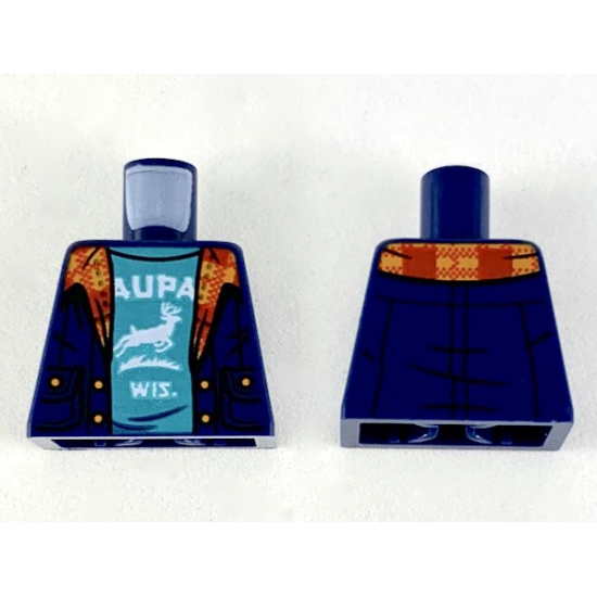 Torso Jacket with Plaid Collar, Dark Turquoise Shirt with White 'AUPA WIS' and Buck Pattern