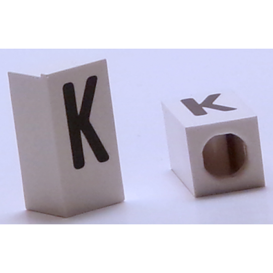 Tile, Modified 1 x 2 x 5/6 with Stud Hole in End and Black 'K' Upper Case Pattern