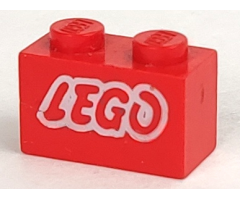 Brick 1 x 2 with Lego Logo Open O Style White Outline Pattern