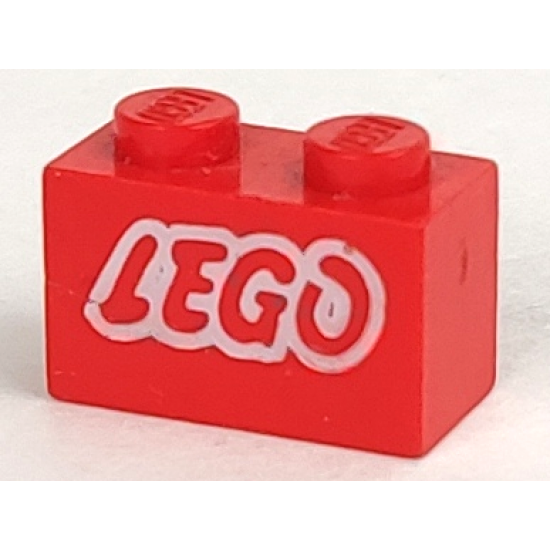 Brick 1 x 2 with Lego Logo Open O Style White Outline Pattern