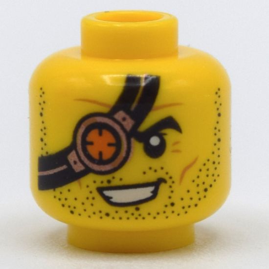 Minifigure, Head Beard Stubble Black Eyepatch with Copper and Orange Eyepiece Pattern - Hollow Stud