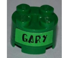 Brick, Round 2 x 2 with Axle Hole with Black 'GARY' Pattern on Both Sides (Stickers) - Set 3834