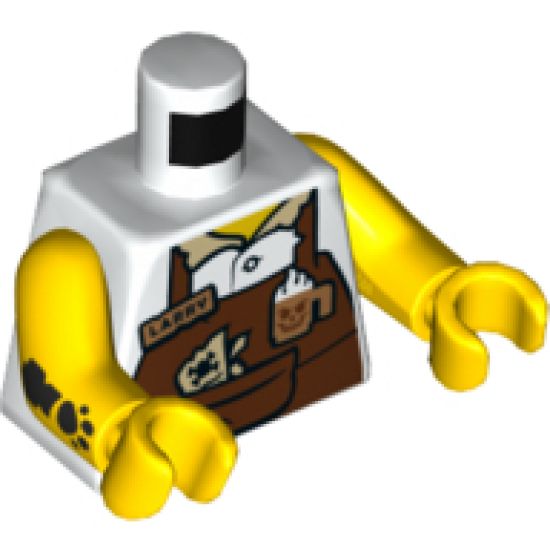 Torso Reddish Brown Apron with Cup, 'LARRY' Name Tag, Straps Pattern / Yellow Arm Left / Yellow Arm Right with Black Tattoo Pattern / Yellow Hands