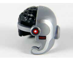 Minifigure, Headgear Helmet Cyborg Side Open with Black Hair, Red Square Eye, Dot and Silver Trim Pattern