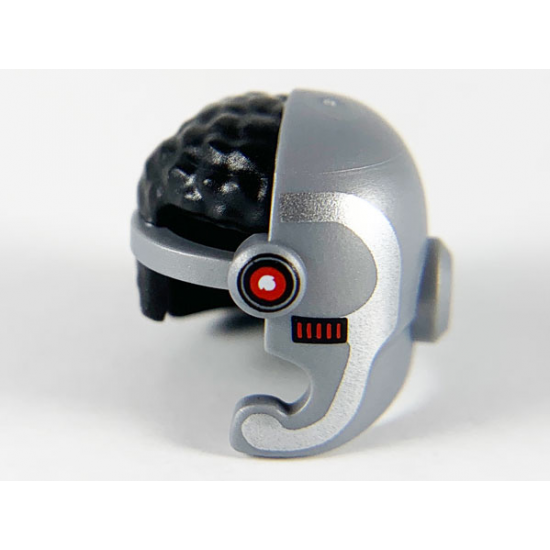 Minifigure, Headgear Helmet Cyborg Side Open with Black Hair, Red Square Eye, Dot and Silver Trim Pattern