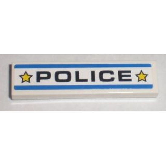 Tile 1 x 4 with Black 'POLICE', Yellow Stars and Blue Stripes Pattern (Sticker) - Set 8211