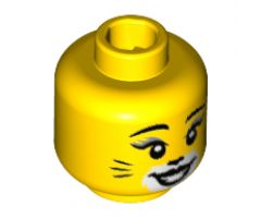 Minifigure, Head Female, Black Eyebrows and Eyelashes with Silver Highlight, White Makeup with Black Cat Nose and Whiskers Pattern - Hollow Stud