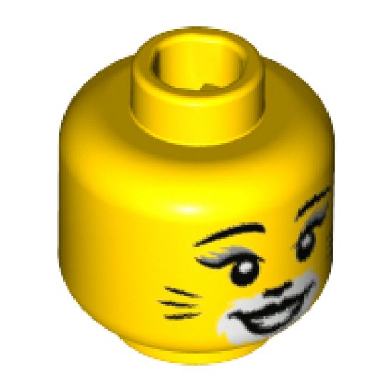 Minifigure, Head Female, Black Eyebrows and Eyelashes with Silver Highlight, White Makeup with Black Cat Nose and Whiskers Pattern - Hollow Stud