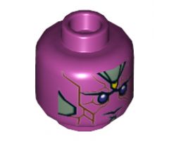 Minifigure, Head Alien with Yellow Spot on Forehead, Dark Purple Eyes, Reddish Brown Lines and Sand Green Panels Pattern (Vision) - Hollow Stud