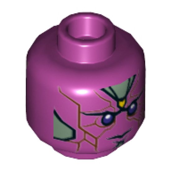 Minifigure, Head Alien with Yellow Spot on Forehead, Dark Purple Eyes, Reddish Brown Lines and Sand Green Panels Pattern (Vision) - Hollow Stud