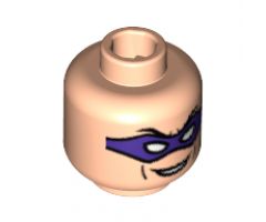 Minifigure, Head Male Purple Eye Mask with Eye Holes, Black Eyebrows and Smile Pattern (The Riddler) - Blocked Open Stud