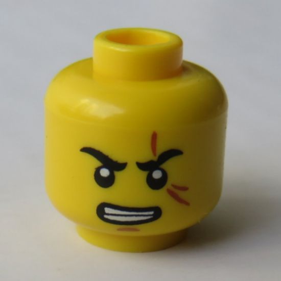 Minifigure, Head Male Stern Black Eyebrows, White Pupils, Frown, Scar Across Left Eye, Gritted Teeth Pattern - Hollow Stud