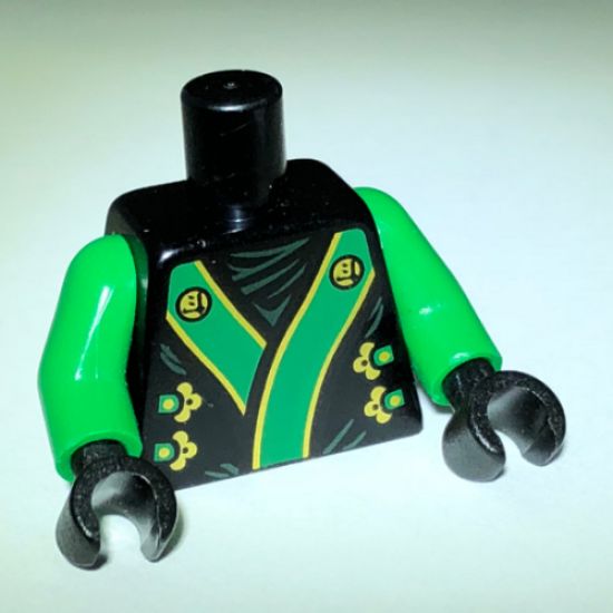 Torso Ninjago Robe with Green and Gold Sash Pattern / Green Arms / Black Hands