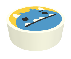 Tile, Round 1 x 1 with Dark Azure Monster Head with Horns, Black Eyes and 4 White Underbite Teeth on Yellow Background Pattern