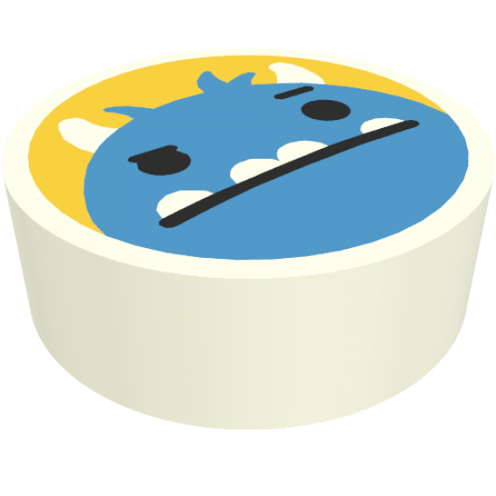Tile, Round 1 x 1 with Dark Azure Monster Head with Horns, Black Eyes and 4 White Underbite Teeth on Yellow Background Pattern